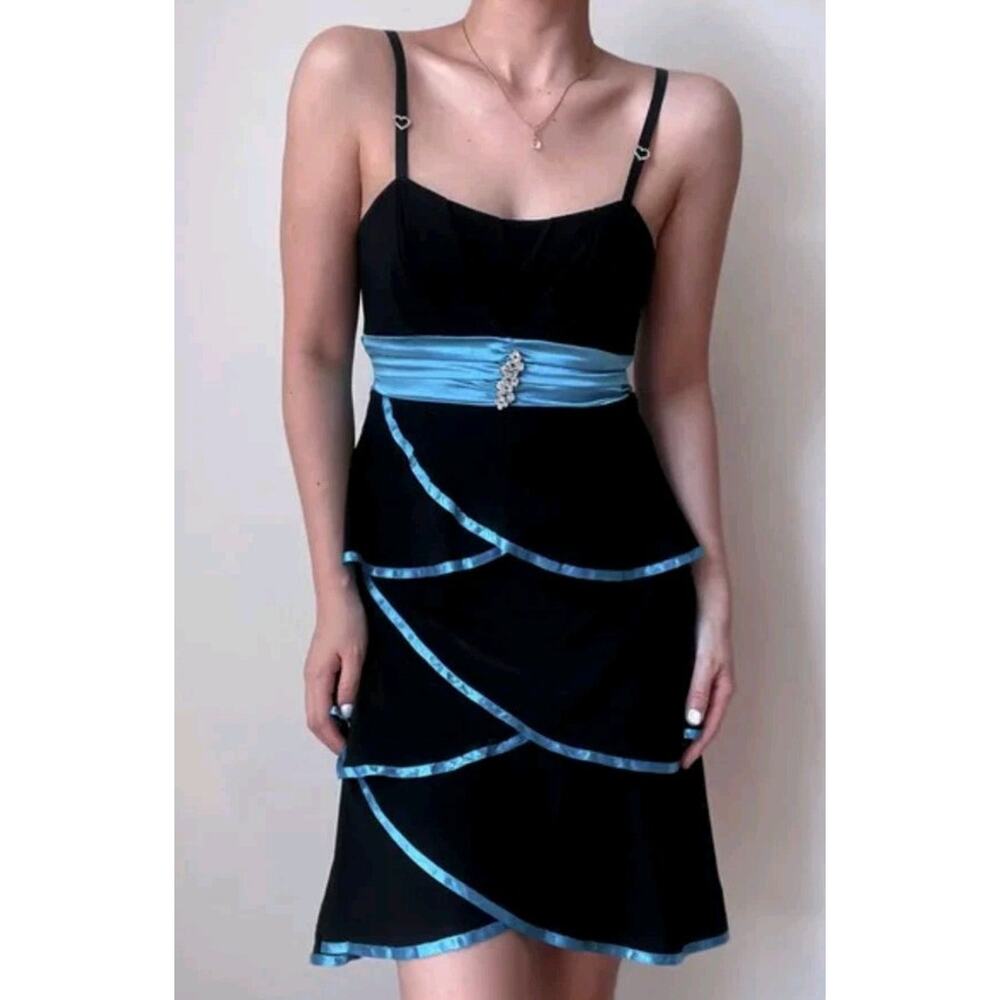 Vintage Deb tiered party dress black knit blue satin rhinestone Y2K fits like XL